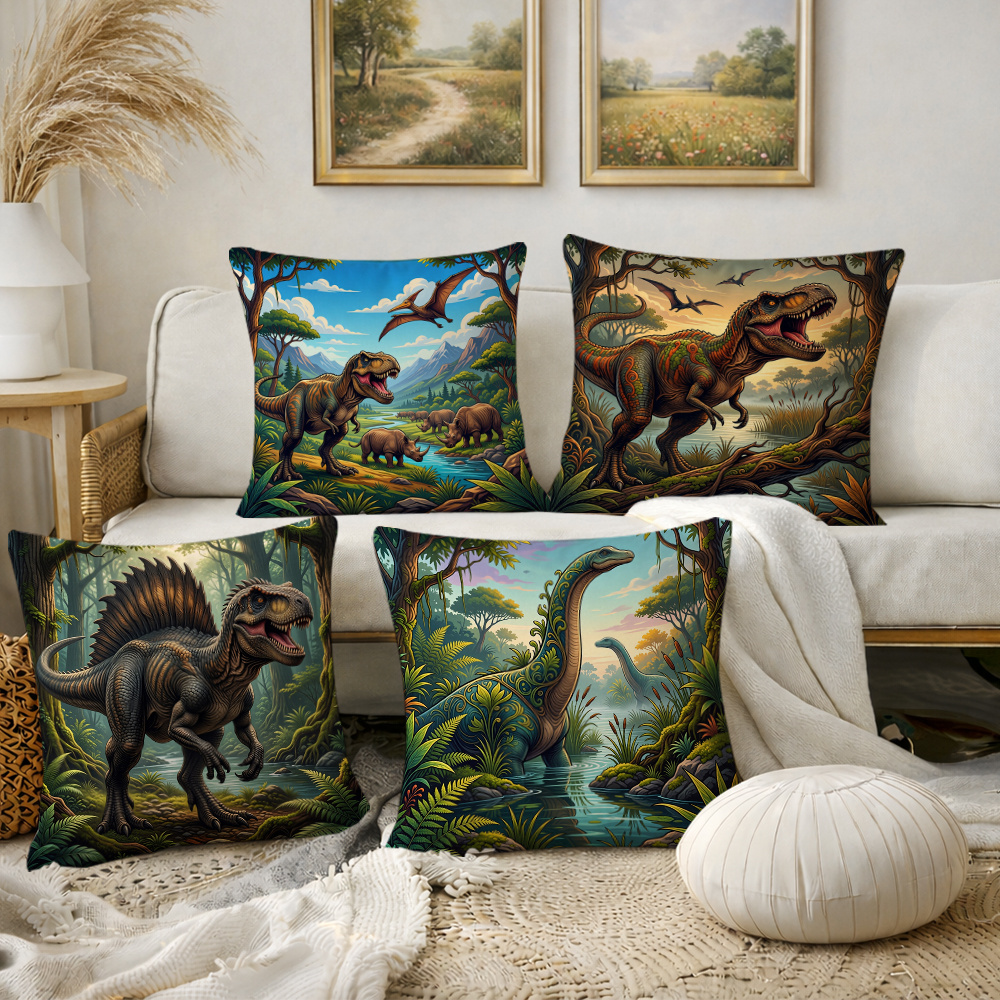 TEMU 4pcs Dinosaur Throw Pillow Covers Suitable For Decor, Room, Sofa Couch Bedding - Prehistoric Jungle Pattern Cushion Cases With Zipper Closure,