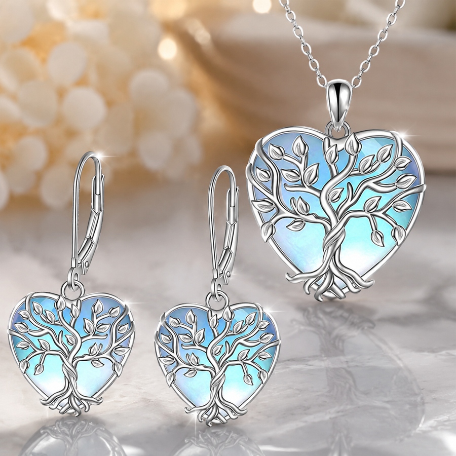 TEMU 3pcs Fashion Heart-shaped Tree Of Life Earring & Necklace Set, Elegant Design For Occasions, Christmas Halloween Valentine's Day Anniversary