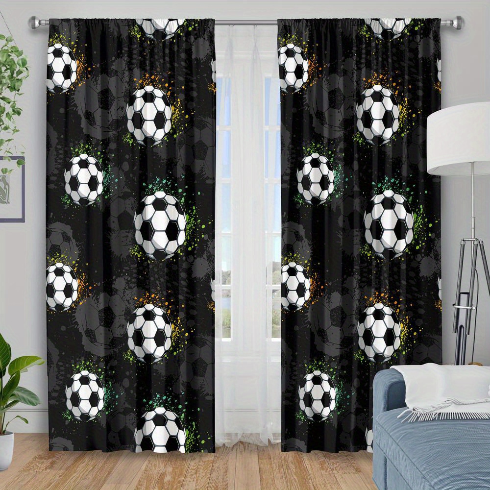 TEMU Digital Printed Curtain Fabrics Set Cartoon Football Printing Window Products, Insulation Blackout Curtains For Bedroom, Polyester Machine