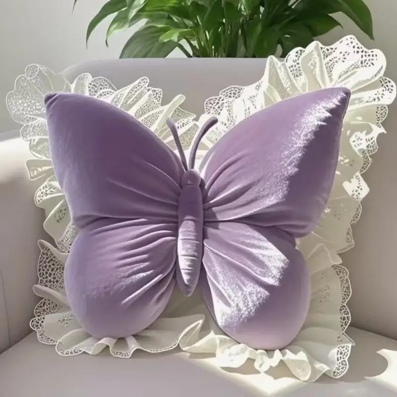 Butterfly-shaped Home Decor Throw Pillow with White Lace Trim, Made of Luxurious Velvet Fabric and Polyester Fiber Filling. Suitable for Beds, Sofas, Carriages, and Office Spaces. Perfect for Living Rooms, Bedrooms, Weddings, Birthdays, and Other