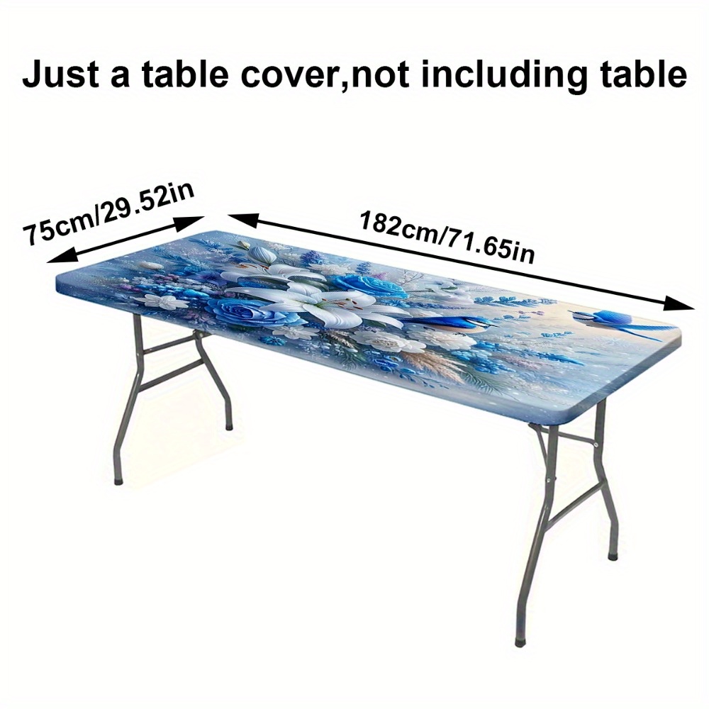 TEMU Nappe élastique 1 pièce de 4/6 pieds , imprimée d'un motif de bouquet bleu et blanc, lavable, avec bords élastiques, pour manteau de cheminée,