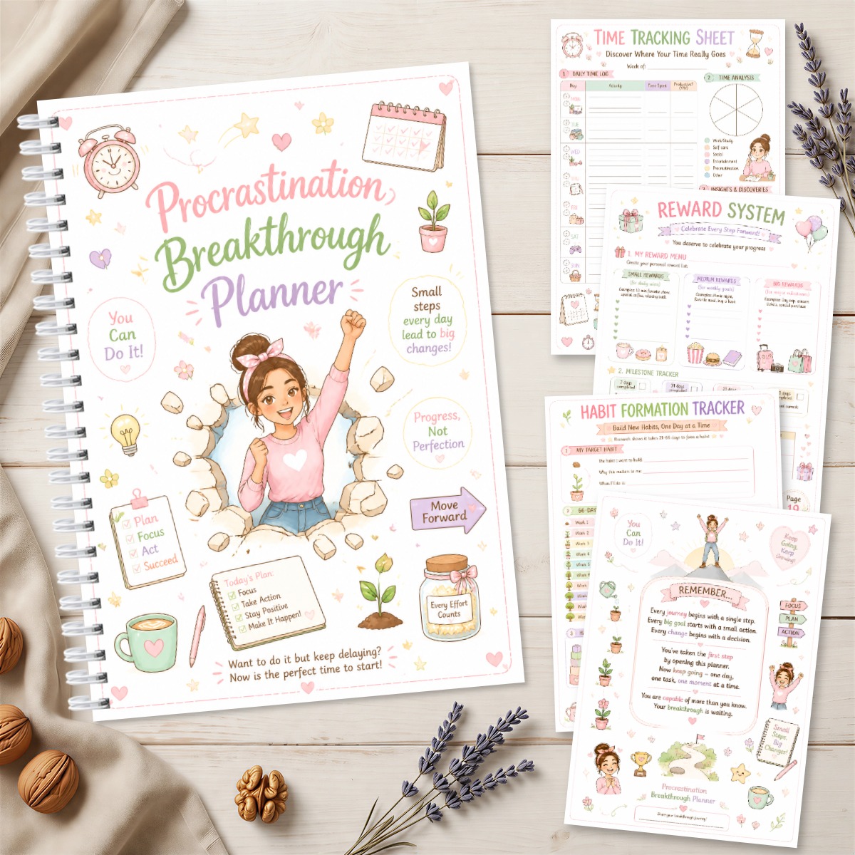TEMU 1 Agenda pour surmonter la procrastination : Inclut emploi du temps , suivi du temps, d' et système de récompense — une aide pour des tâches