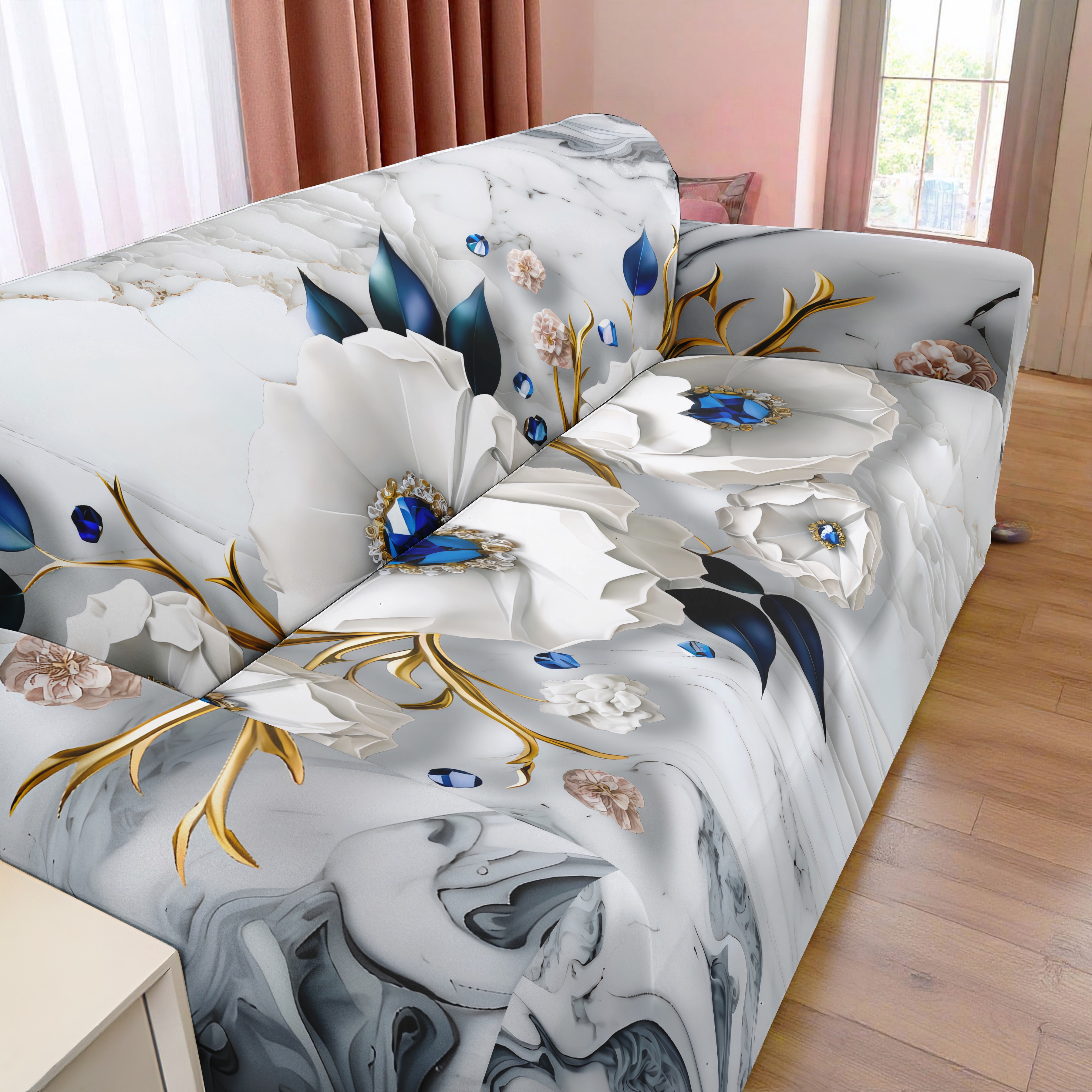 TEMU 1 Housse de canapé intégrale , style luxe léger avec texture marbrée, motif floral , Housse de canapé élastique, 4 tailles disponibles, Convient