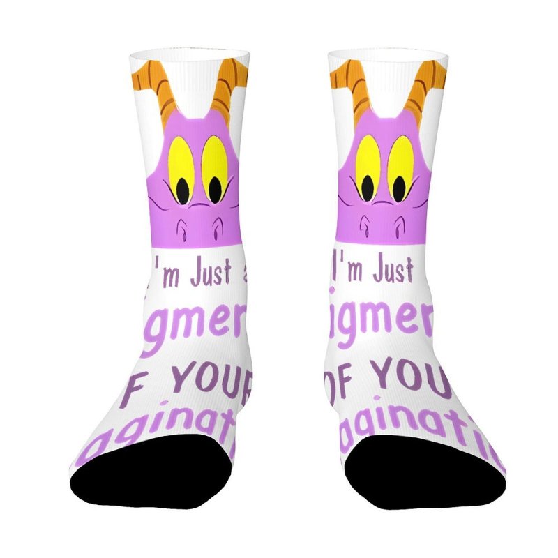 TEMU A Pair Of Unisex Outdoor Socks Featuring A Purple Dragon Design With Yellow Eyes And The Text 'i'm Just A Of Your Imagination'. Multicolored