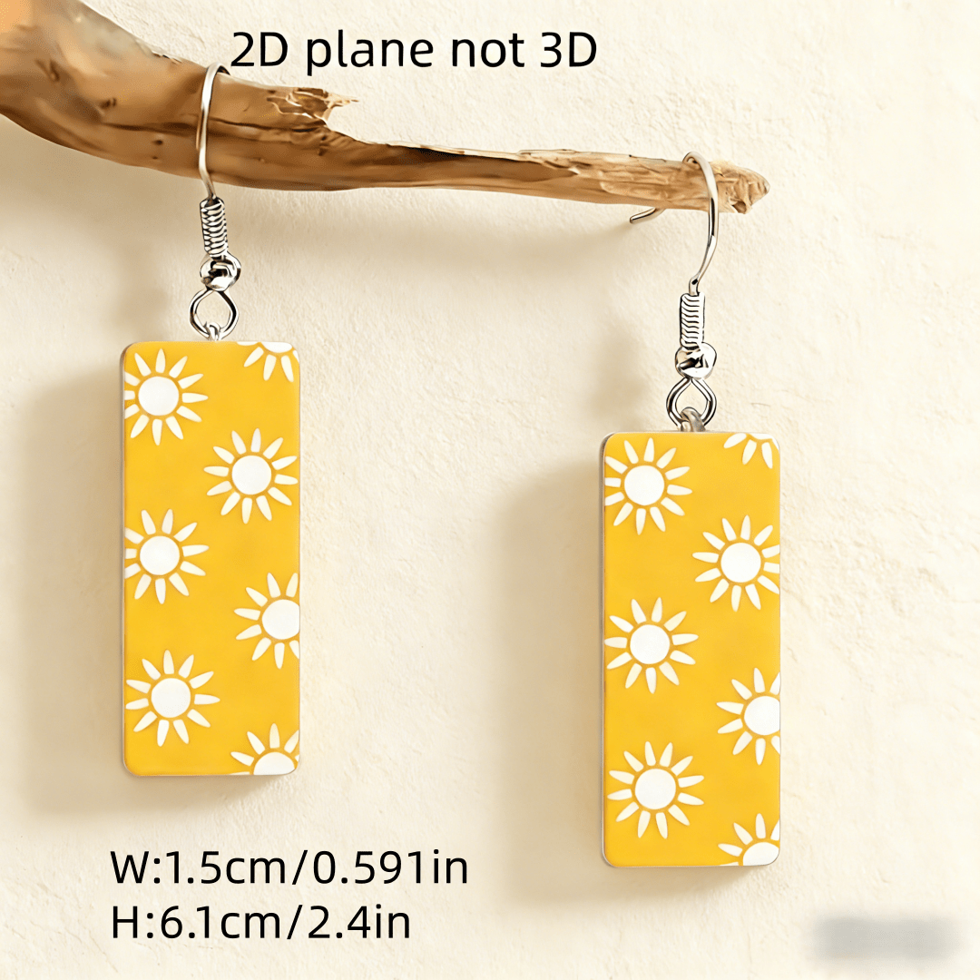 Bohemian Summer Beach Yellow Sun Rectangular Earrings, Cute Gift