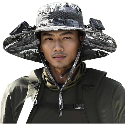 wide brimmed sun hat with solar fan suitable for mens outdoor activities such as fishing beach hiking etc size camouflage