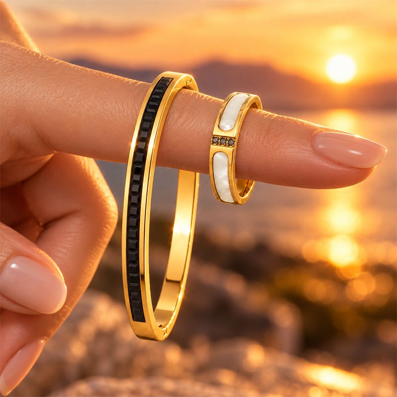 Women's 2pc Adjustable Bangle and Ring Set, Geometric Style
