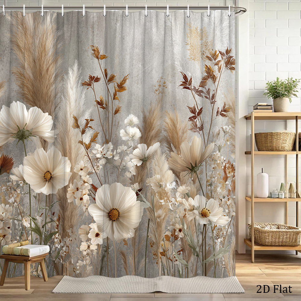 TEMU 2d Flat, [2d Flat] 1pc Elegant Floral Shower Curtain Bathroom Decor Bathtub Partition Hanging Curtain Featuring Beautiful White Flowers And