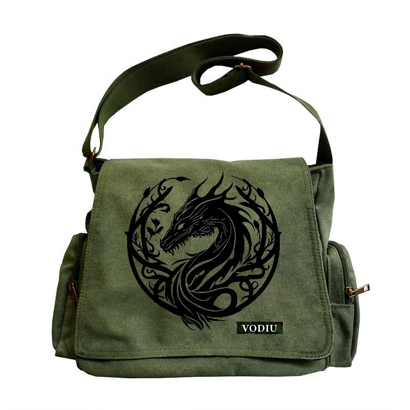 E-shop Eine Schultertasche mit großem Fassungsvermögen, im Retro-Flap-Tote-Crossbody-Messenger-Stil, mit einem schwarzem Drachenmuster-Blumendruck,