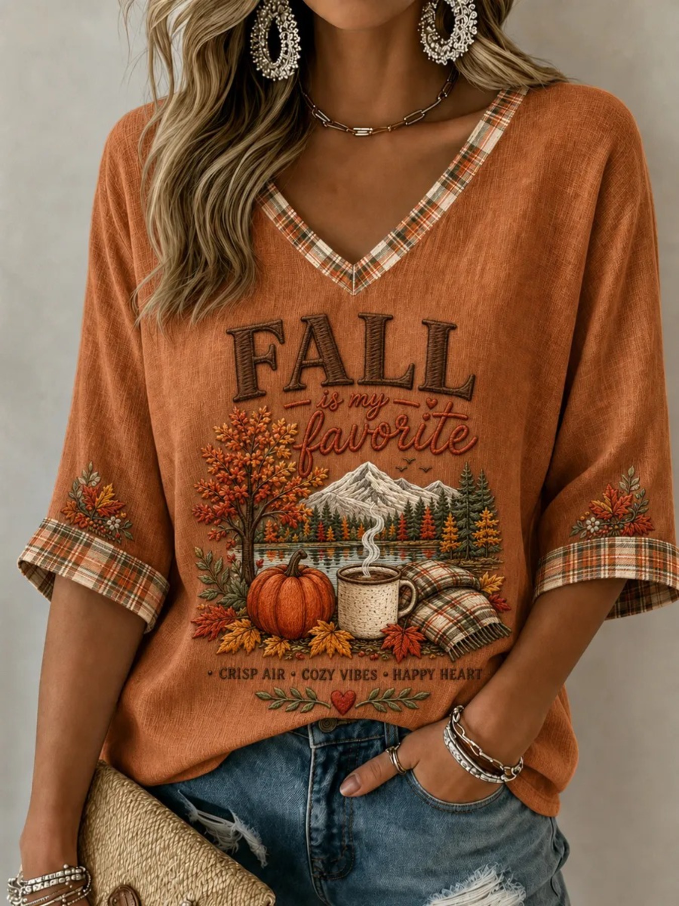 women y2k blouse vintage fall pumpkin plaid top 3 4 roll sleeve loose shirt machine washable suitable for autumn halloween daily wear full body print blouse style no