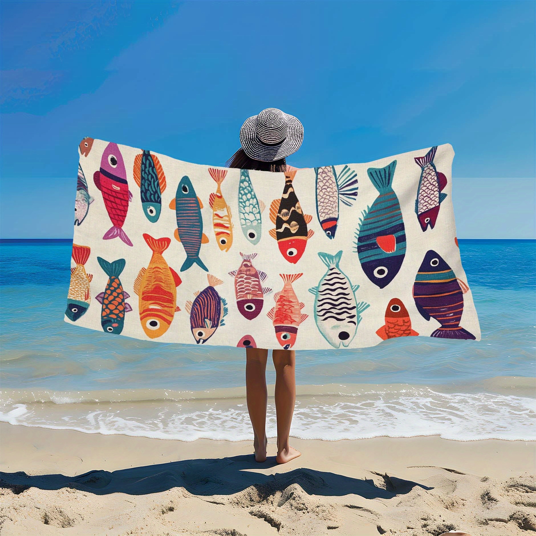 Toalla de playa con estampado de peces ligera y ultra absorbente_voghion.com