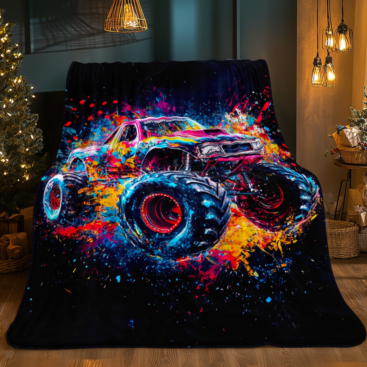 TEMU 1pc Monster Truck Bedding Blanket - Soft Flannel Fabric With Neon Monster Truck & Paint , Lightweight Throw For Boys Room, Camping, Travel, Sofa