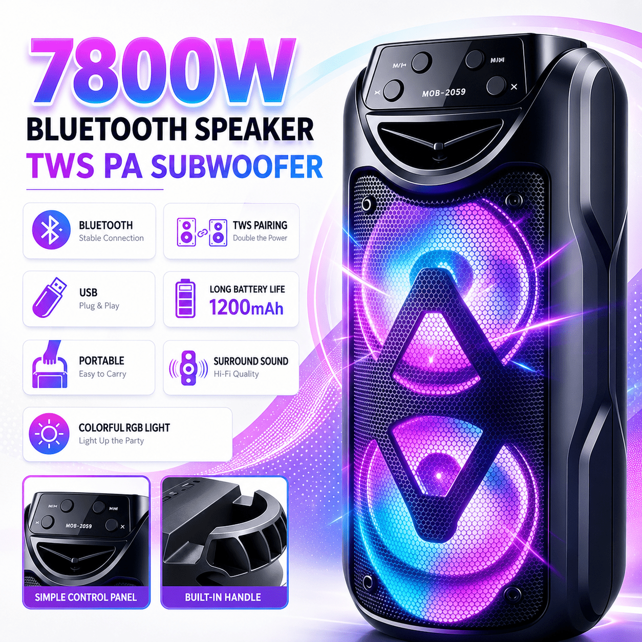 Prenosni brezžični Bluetooth zvočnik 7800 W, stereo zvočnik z močnim basom in LED lučjo, Bluetooth 5.3, več načinov predvajanja, potovalni