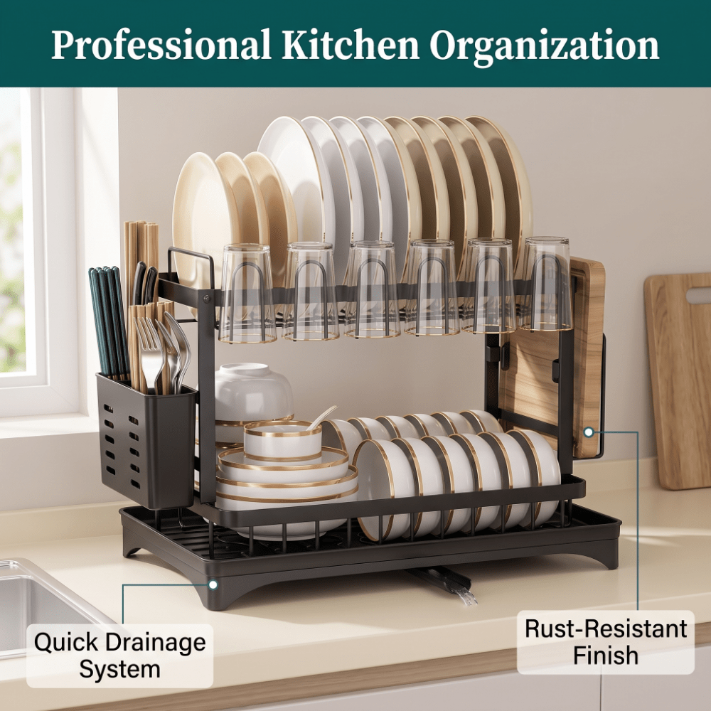 TEMU 2-tier Detachable Dish Drying Rack 42 X 30 X 33cm, Matte Black Rustproof Metal Dish Rack With Drain Tray, Utensil Holder And Cutting Board Rack,