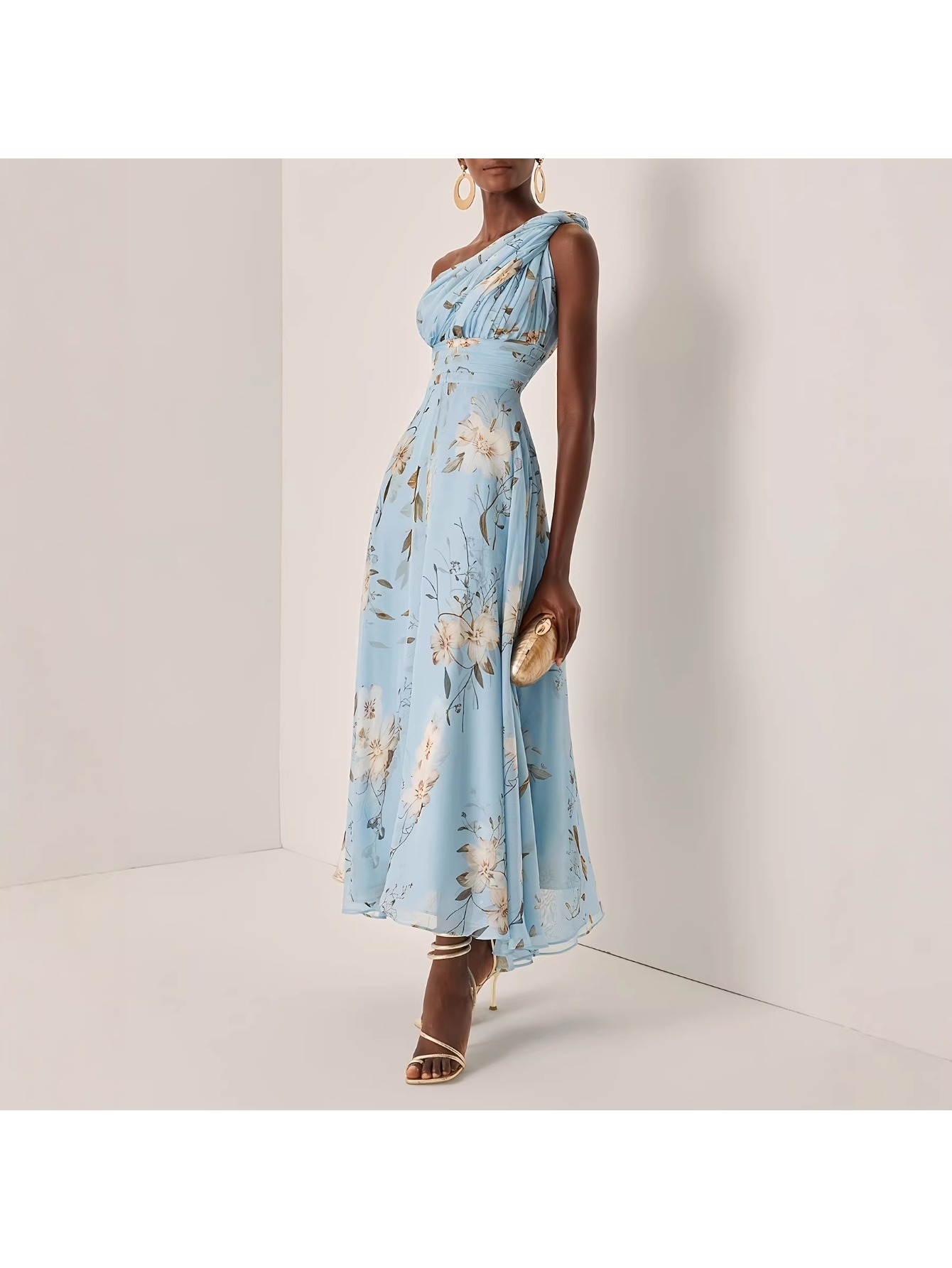 sachin and babi light blue dress Rixo Floral One-Shoulder Chiffon Midi Dress - Multicoloured