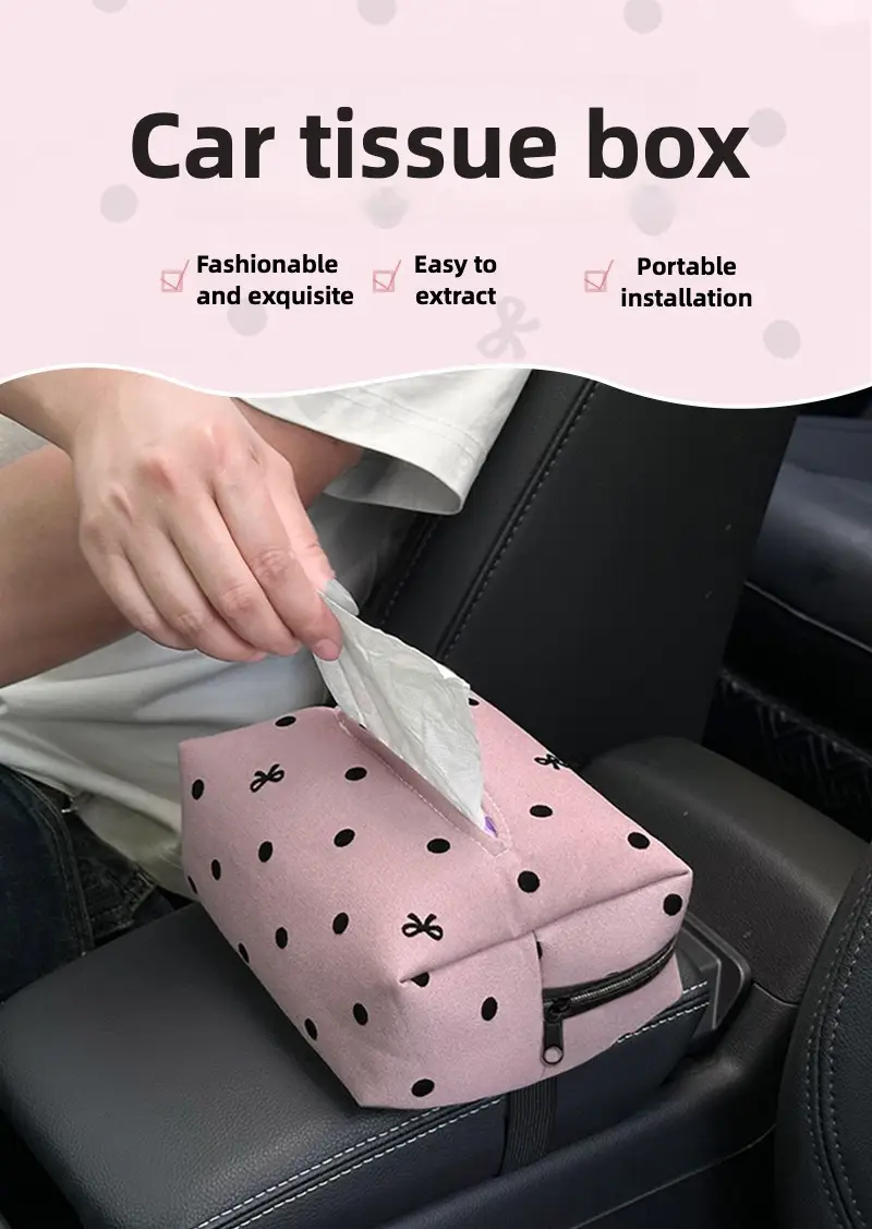 luxury elegant polka dot car tissue holder with bowknot universal fit backseat and polyester fiber ideal for armrest sun visor and console storage car accessories Product details 0