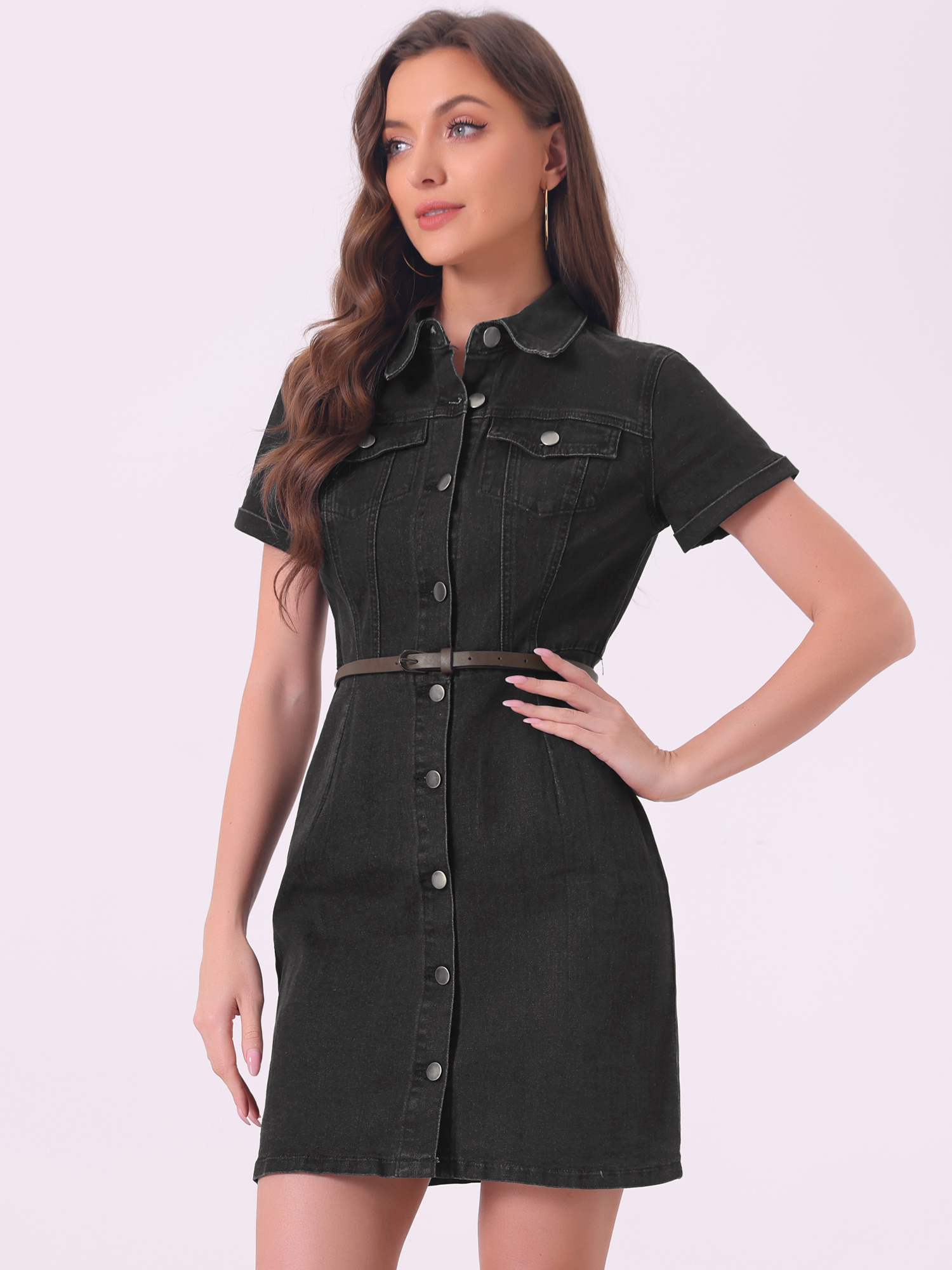 denim shirt dress women flap collar short sleeve button - Temu