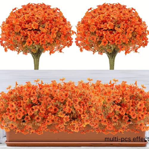 2 bundles orange and yellow realistic fall flowers uv resistant artificial mums outdoor indoor autumn floral decor with low maintenance plants for garden patio porch home no watering needed decoration