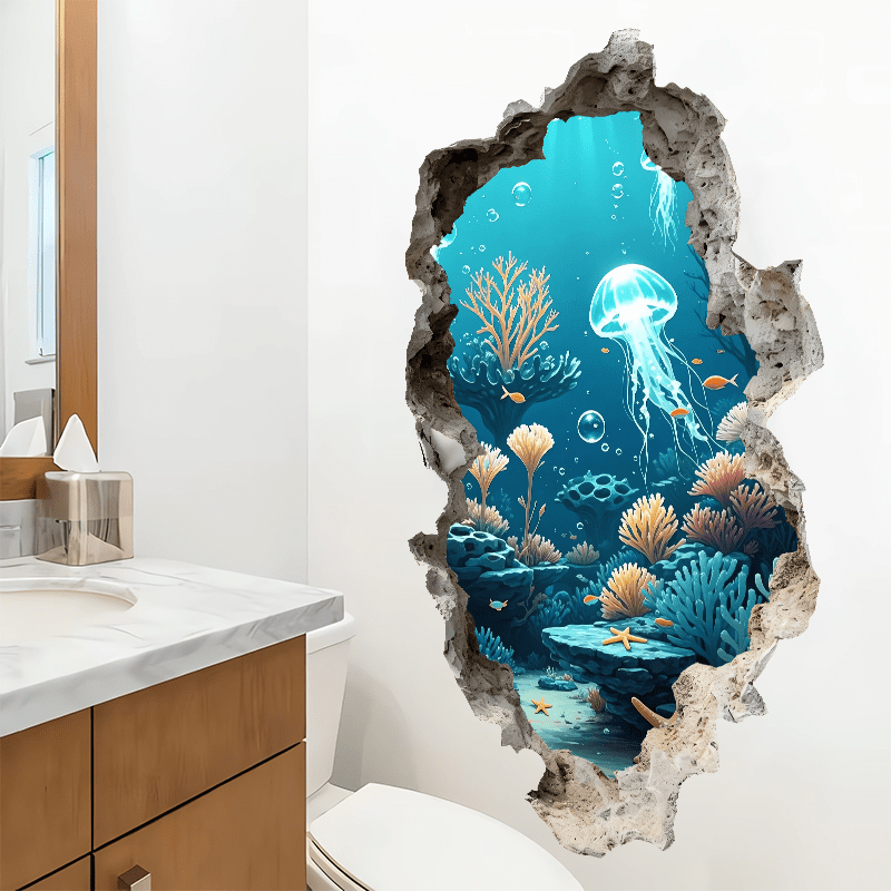 Image of 2d Illusion Wall Decal - Ocean Underwater , Large 60x33cm Peel And Stick Wallpaper, No Tools , Living Room Bedroom Decor