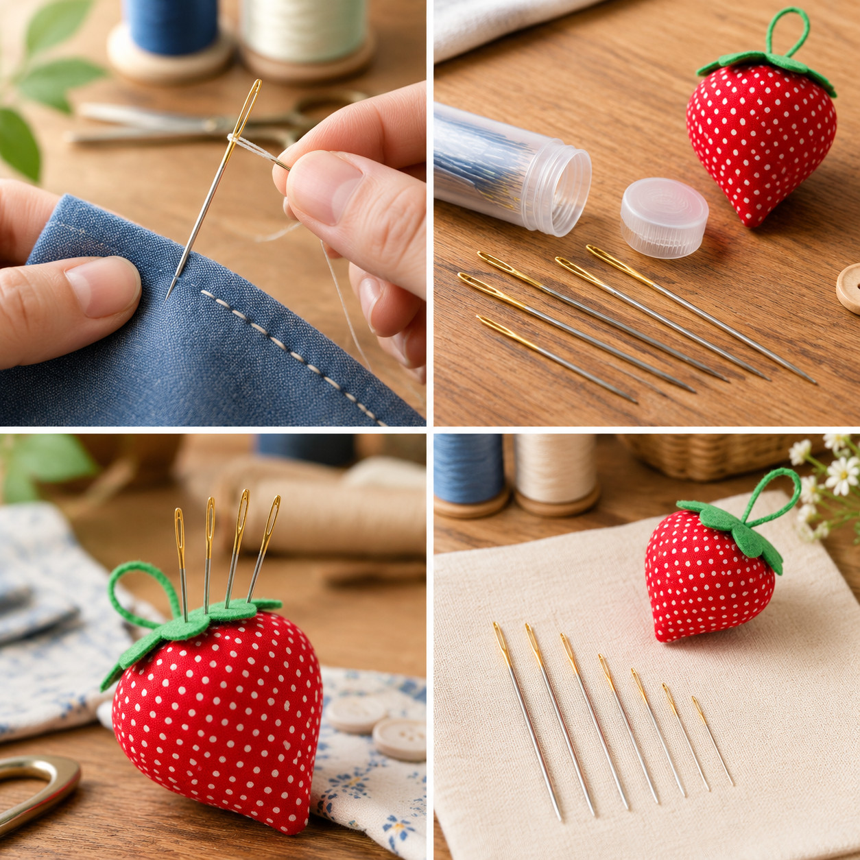 Gold-Tail Hand Sewing Needles with Strawberry Pin Cushion, 4cm x 5 & 3.5cm x 3