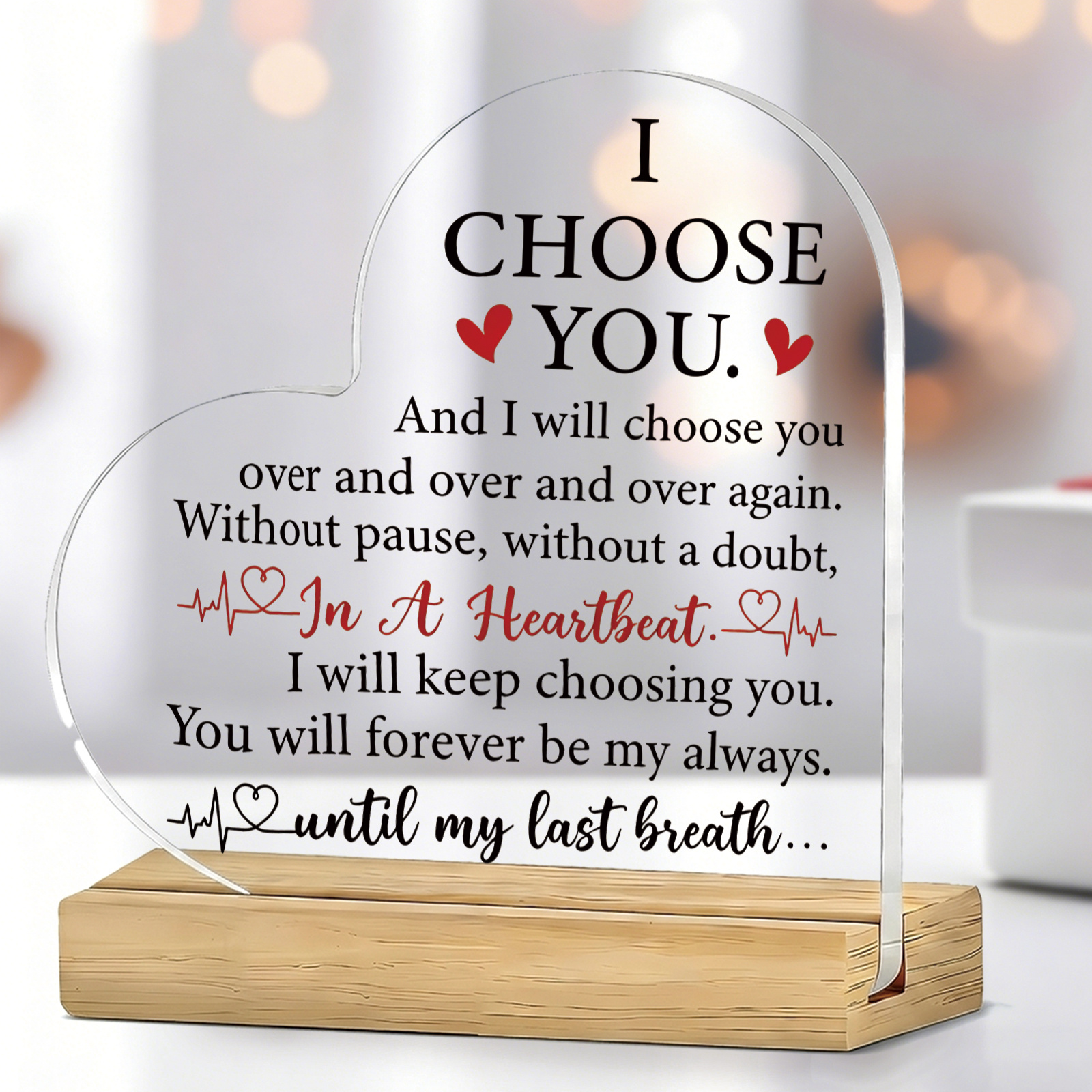TEMU 2d Flat, 1pc Quote Heart-shaped Acrylic Sign With Wooden Base, You Love Themed Printed Pattern, Valentine's Day Gift For Couples Boyfriend