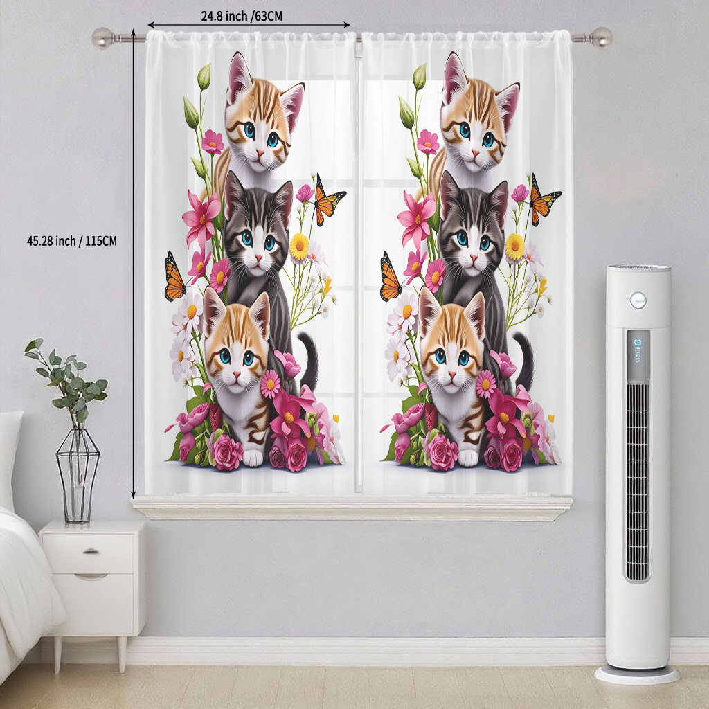 TEMU Rideaux Transparents 2D Plats, Lot de 2, Petite Taille, Imprimé Floral et Chaton, et , en pour Fenêtres, Décoration Maison Toutes , Impression