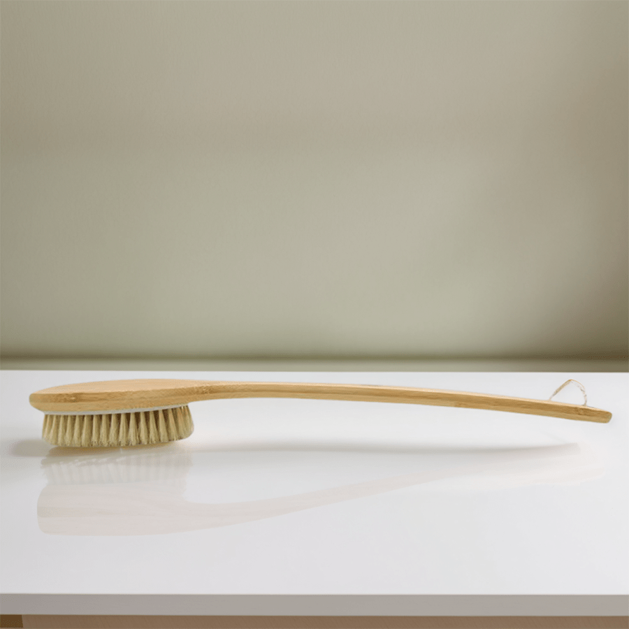 1pc bamboo long handle bath brush, the handle is curved, easy to reach the back, waist and other hard-to-clean parts, wet or dry, remove body dead light beige and   dirt. no power supply required, back scrub brush | bath body brush Product details 4
