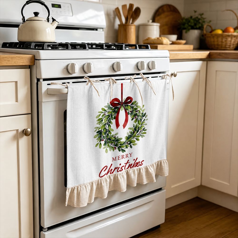 TEMU Rideau décoratif multifonctionnel à motif de couronne de Noël 2D, convient comme jupe de cuisine, rideau de four, décoration de fenêtre de