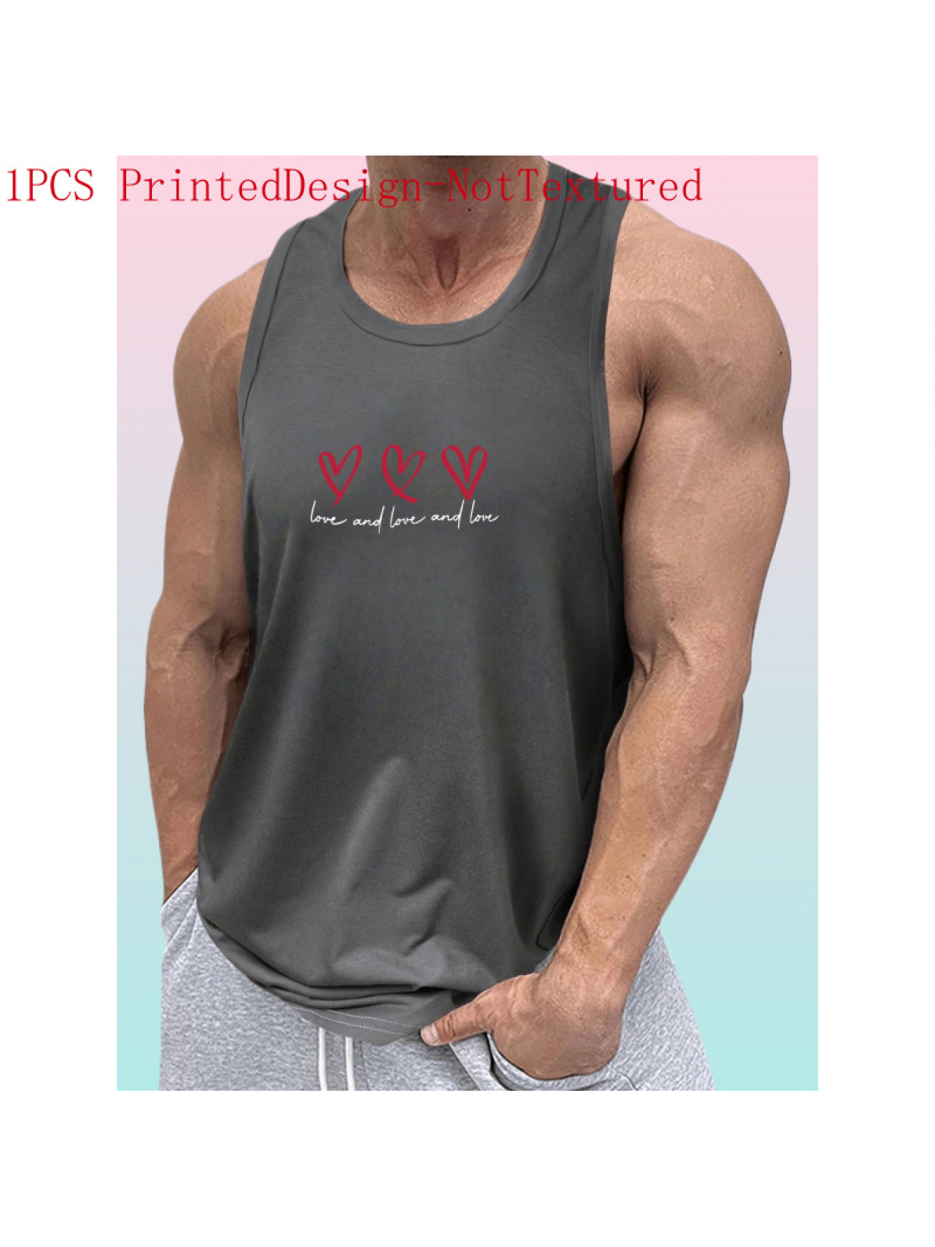 Artikelbild  . bedrucktes design – unstrukturiert, neuer sommerstil, bequemes atmungsaktives herren-tanktop mit schmalen schultern breitem rücken mit drei-herzen-aufdruck, lässiges sportliches trendiges modisches design, urlaubsgeschenk