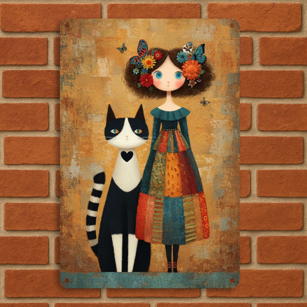 TEMU 1pc 2d Flat Wooden Decor, Vintage Wooden Wall Art - Girl With Cat And Butterflies Wooden Sign, Rustic Indoor/outdoor Decor, Suitable For Home,
