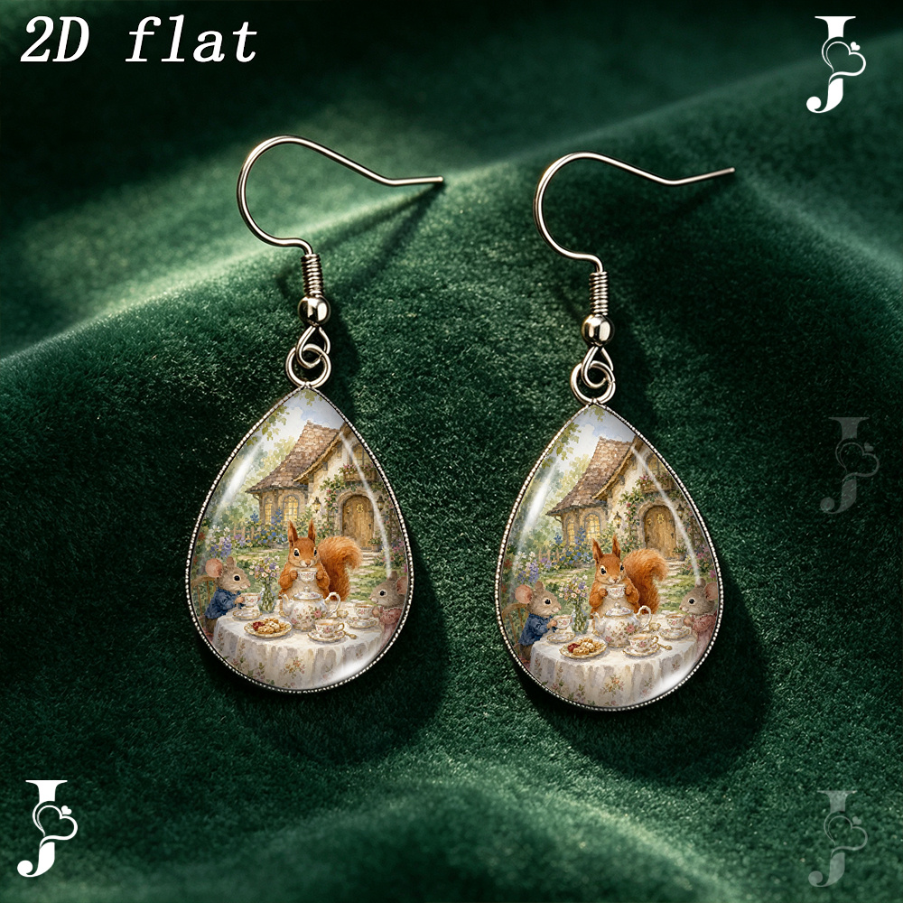 2D Flat Teardrop Dangle Earrings with Squirrel Pattern