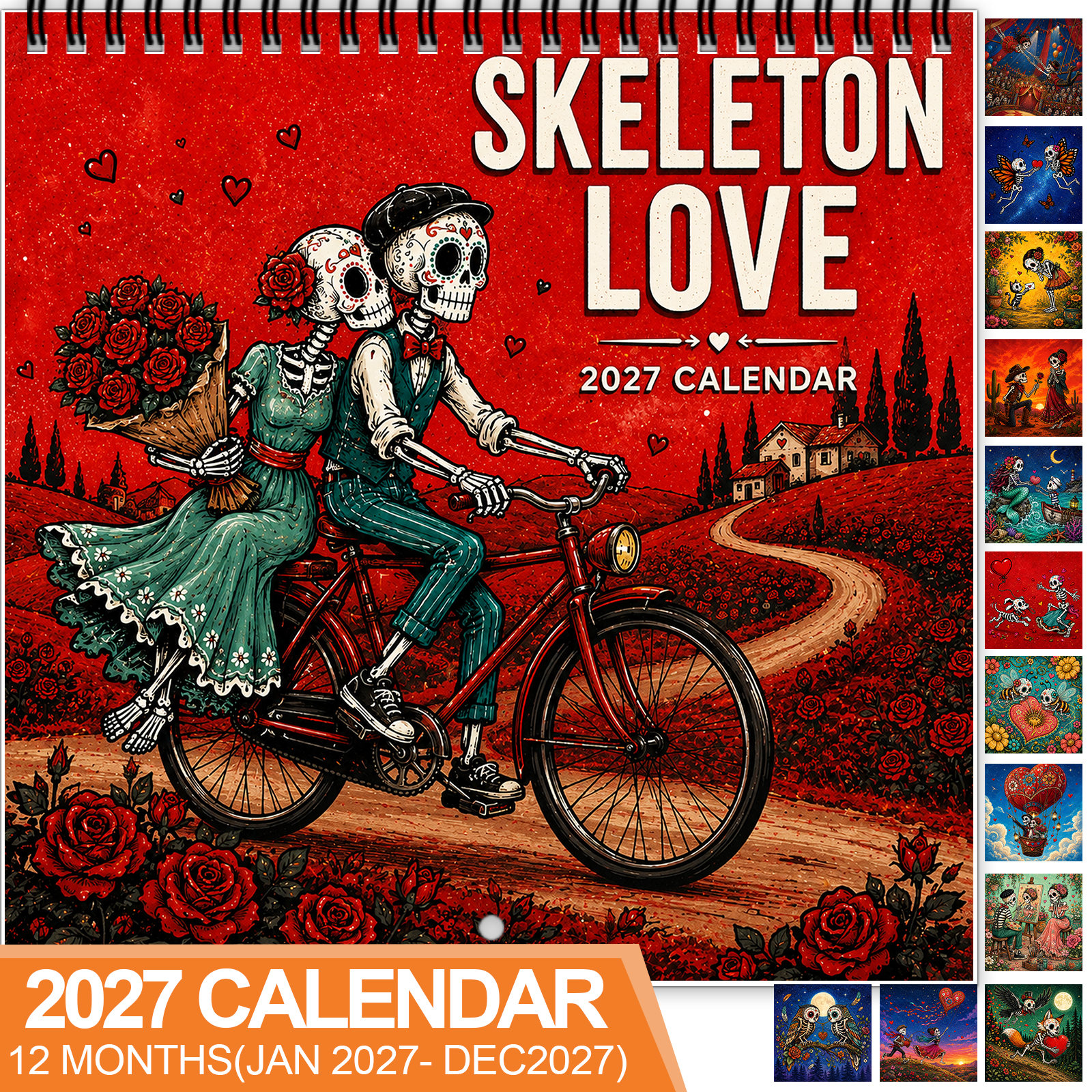 TEMU 2027 Romantic Wall Calendar, Spiral-bound 12-month Calendar With Large Date Blocks, Features Colorful , Red Roses, Hearts And Whimsical Love
