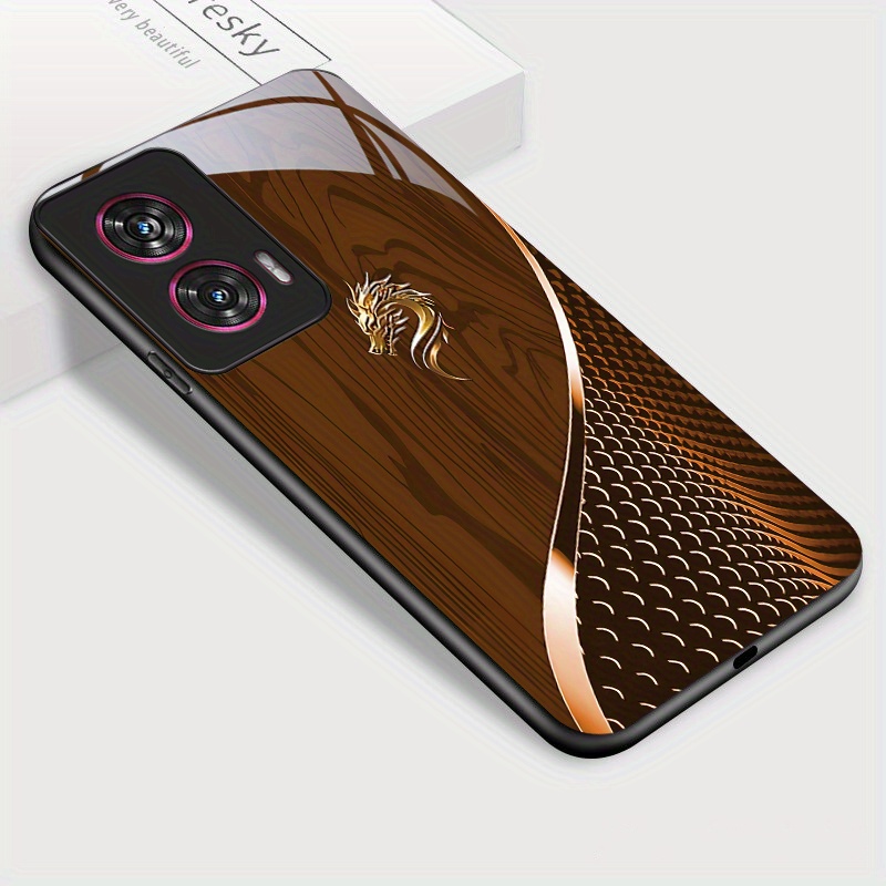 TEMU Funda para Moto Edge 50 Fusion, Estampado de Dorada y Grano Elegante con Vidrio Brillante Antigolpes Carcasa Trasera Protectora, Seguridad del