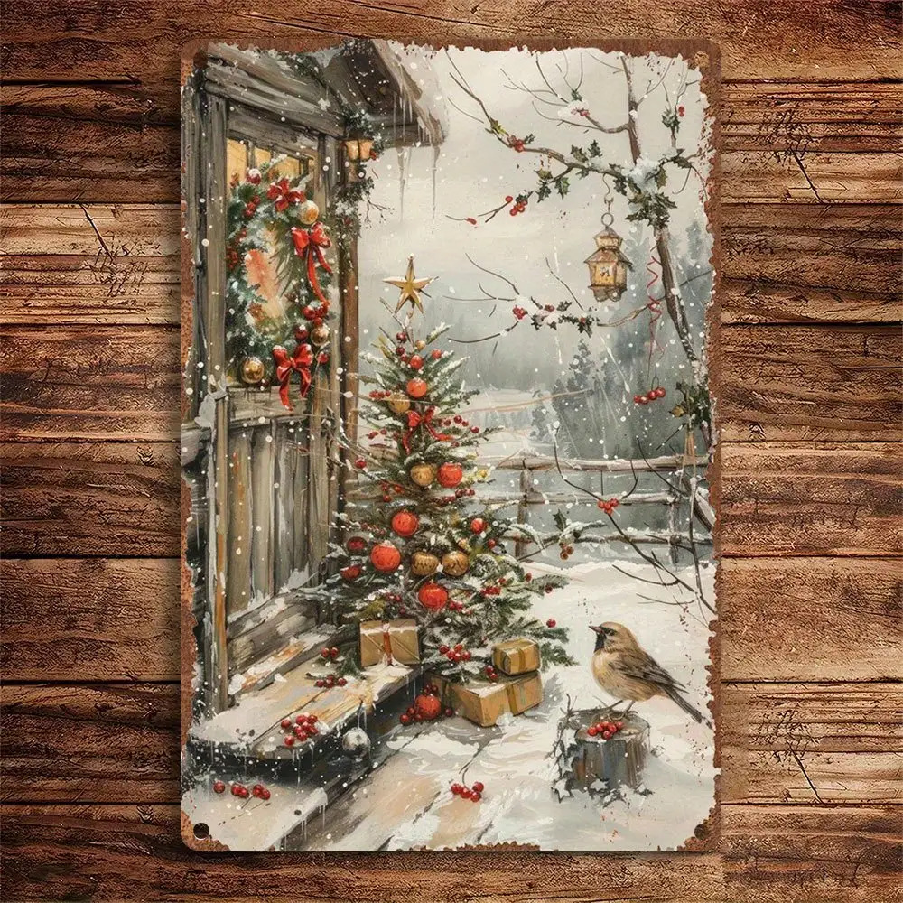 Image of 1pc Vintage Rustic Tin Metal Wall Sign - Winter Christmas Snowy Tree & Presents Wall Art Suitable For Home, Pub, Cafe - Durable Retro Holiday Decor, Easter, Valentine's Gift, Wall-mountable Decoration