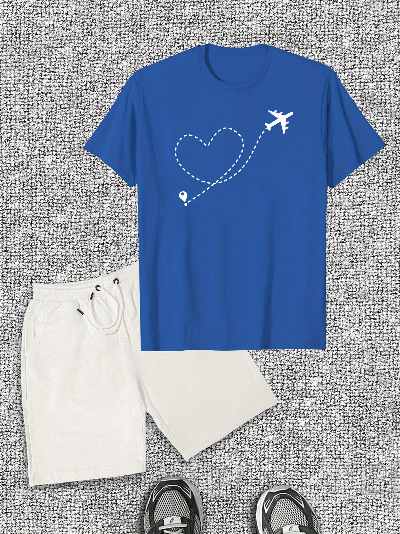 Men'S Casual Plane & Heart Graphic Tee & Shorts Set - Cotton, Round Neck, Lightweight & Breathable, Summer Casual Wear, Relaxed Fit, Breathable Fabric, Casual Summer Wear | Relaxed Fit Shorts | Comfortable Footwear, Plane Tee