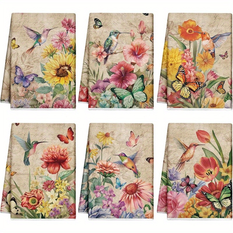 

6pcs Set Of Polyester Kitchen Towels - 18x26 Inch, Floral & Designs With Hummingbird Accents - Drying Hands & Dishes, Machine Washable - Ideal Housewarming Gift