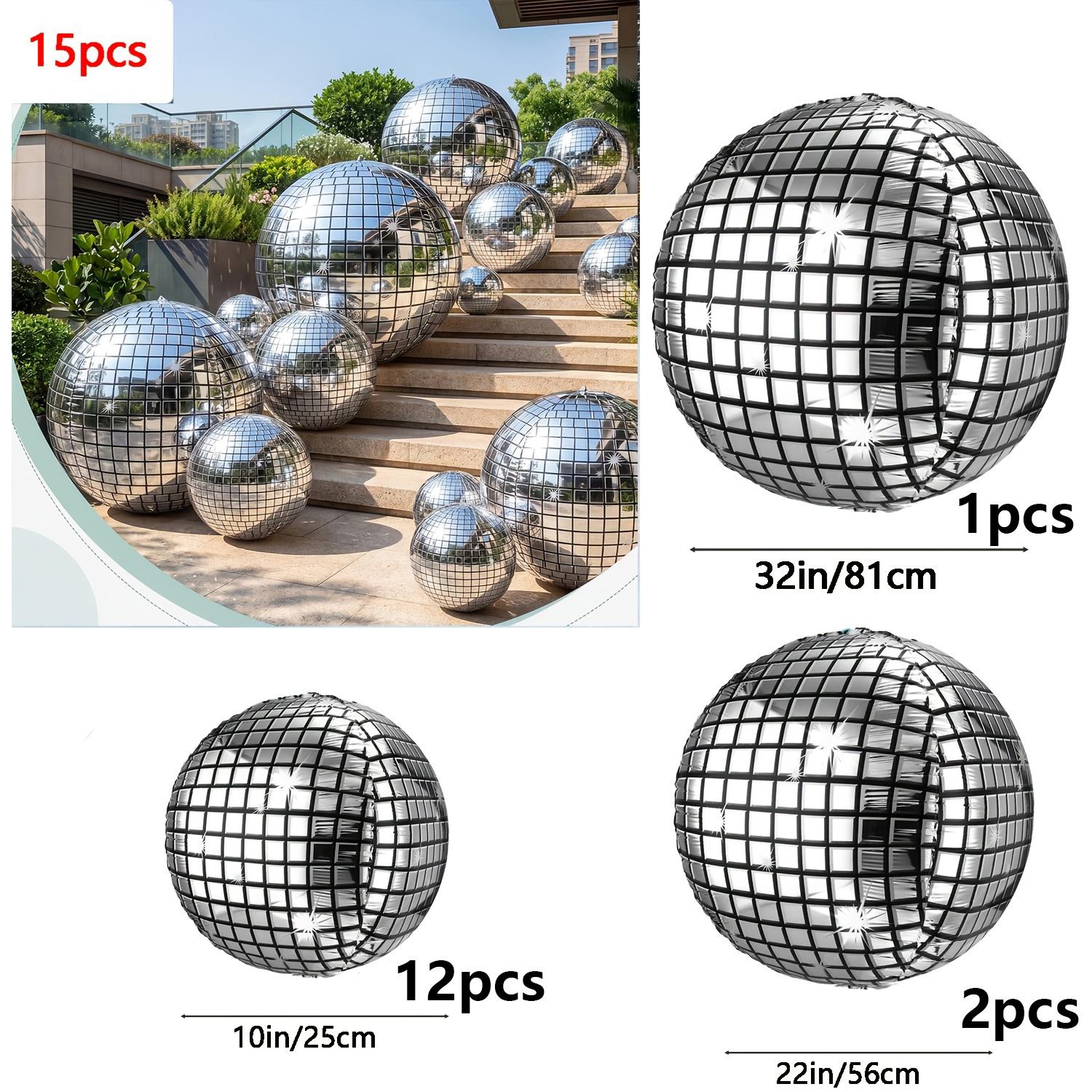TEMU 15 ballons disco argentés multi-tailles en feuille 4D, ensemble de boules disco métalliques, décorations de fond photo pour Noël, hiver, paysage