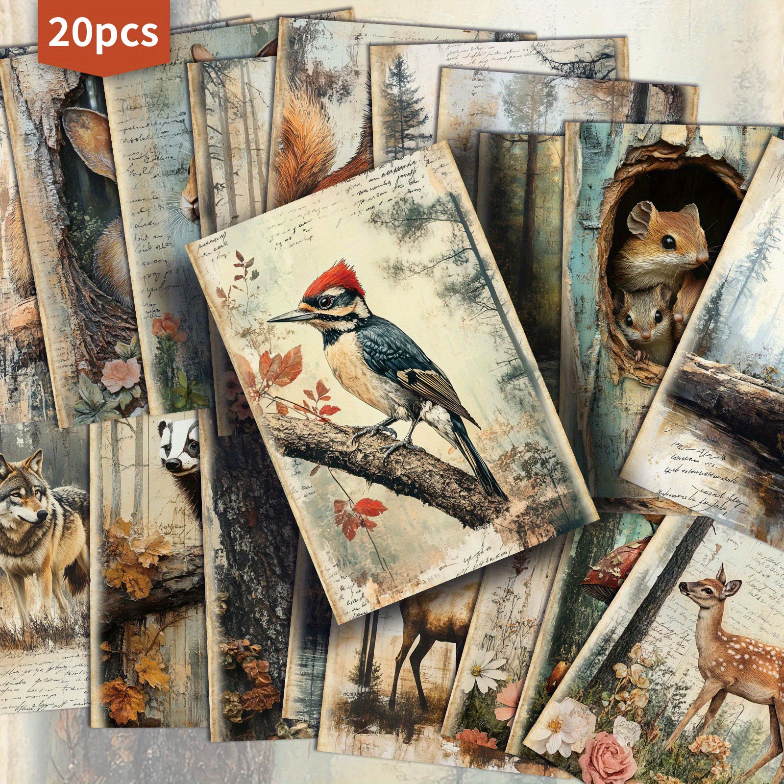 Image of 20-pack Vintage Forest Animals And Birds Postcards - 4x6 Inches Junk Journal Paper, Classic Pinup Illustrations, Collectible Decorative Painting Cards For Scrapbooking