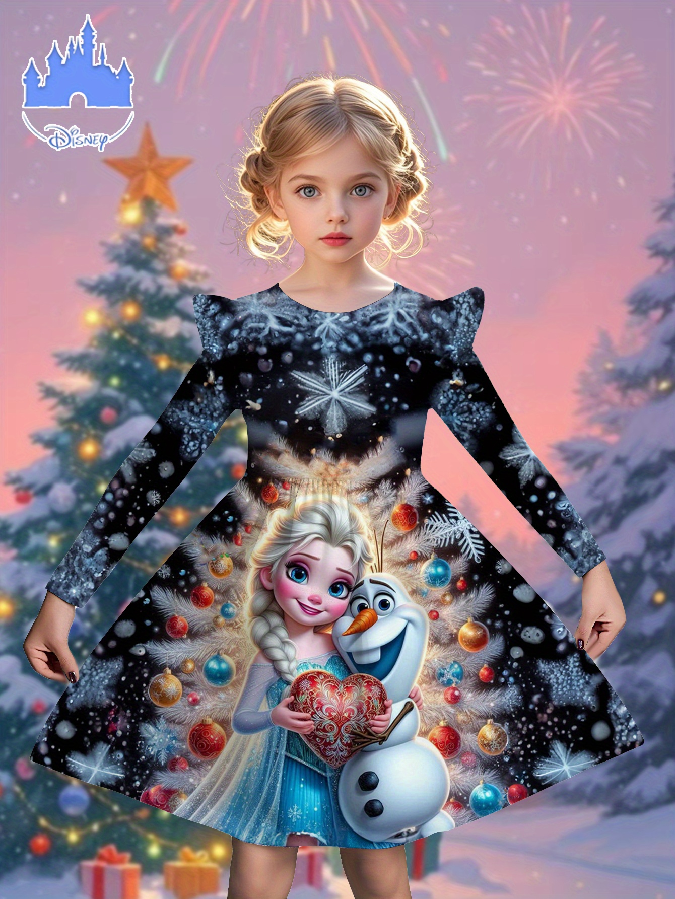 Meisjes' Betoverende Kerst-Thema Lange Mouwen Jurk met Lettuce Rand - Met Elsa & Olaf, Feestelijk Sneeuwvlok Ontwerp, Perfect voor Feesten, Buitenactiviteiten