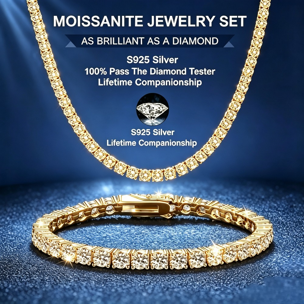 TEMU 2pcs 925 Sterling Golden Tennis Necklace And Bracelet Set, Moissanite Tennis Necklace And , Vvs Grade Sparkling Spring Clasp, Original Jewelry,