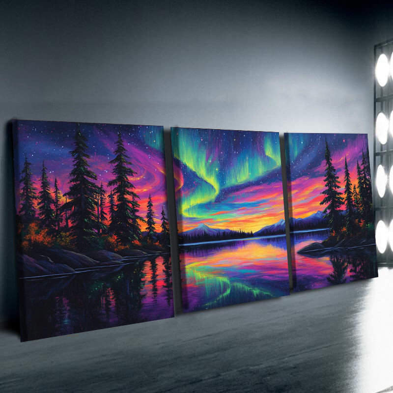 TEMU 2d Flat, 3pcs Framed Canvas Posters & Prints - Suitable For Home Office Decor, Modern Minimalist Aurora Prints With Wrap-around Wood Frame, /