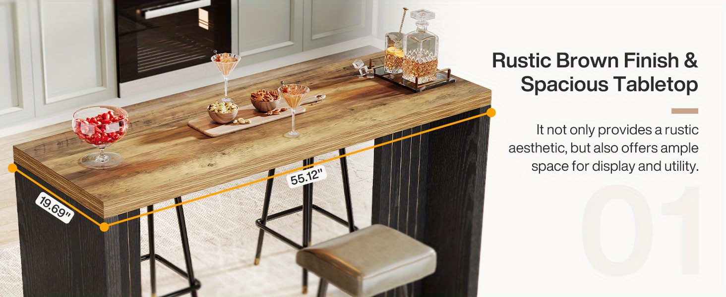 55.12-Inch Home Bar Table with Spacious Top, Modern Freestanding Mini Bar Unit for Living Room, Kitchen, Basement & Balcony, Brown & Black