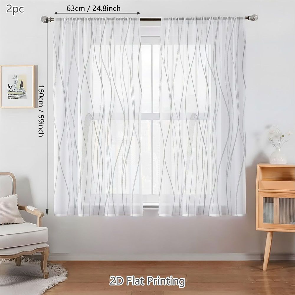 TEMU 2d Flat - 2d Flat - 2d Flat, 2pcs Spring Summer Small Sheer Curtains, Gray Pattern On White Background, Perfect For Living Rooms, Bedrooms,