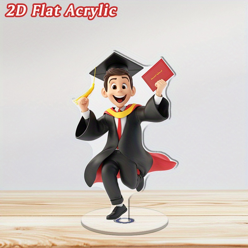 TEMU 2d Flat - 1pc 2d Flat Printing Product - [] Happy Graduate Acrylic Statue - 2d Flat Rotating Desktop Ornament, With Diploma And Raised , Red Cap