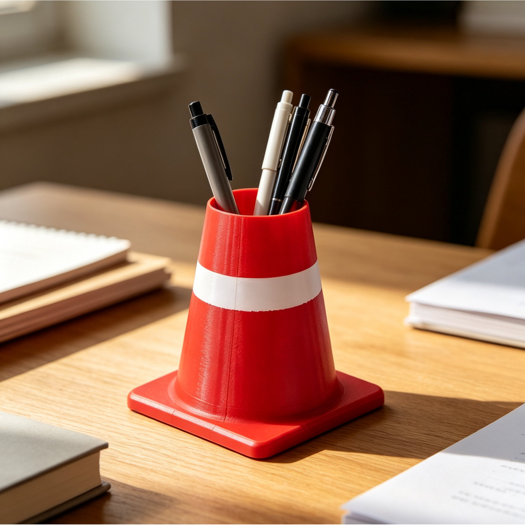 TEMU 3d Printed Mini Traffic Cone Pen Holder - Red Roadblock-shaped Desk Organizer Suitable For Office & Home, Desktop Storage Cup With Iconic Cone