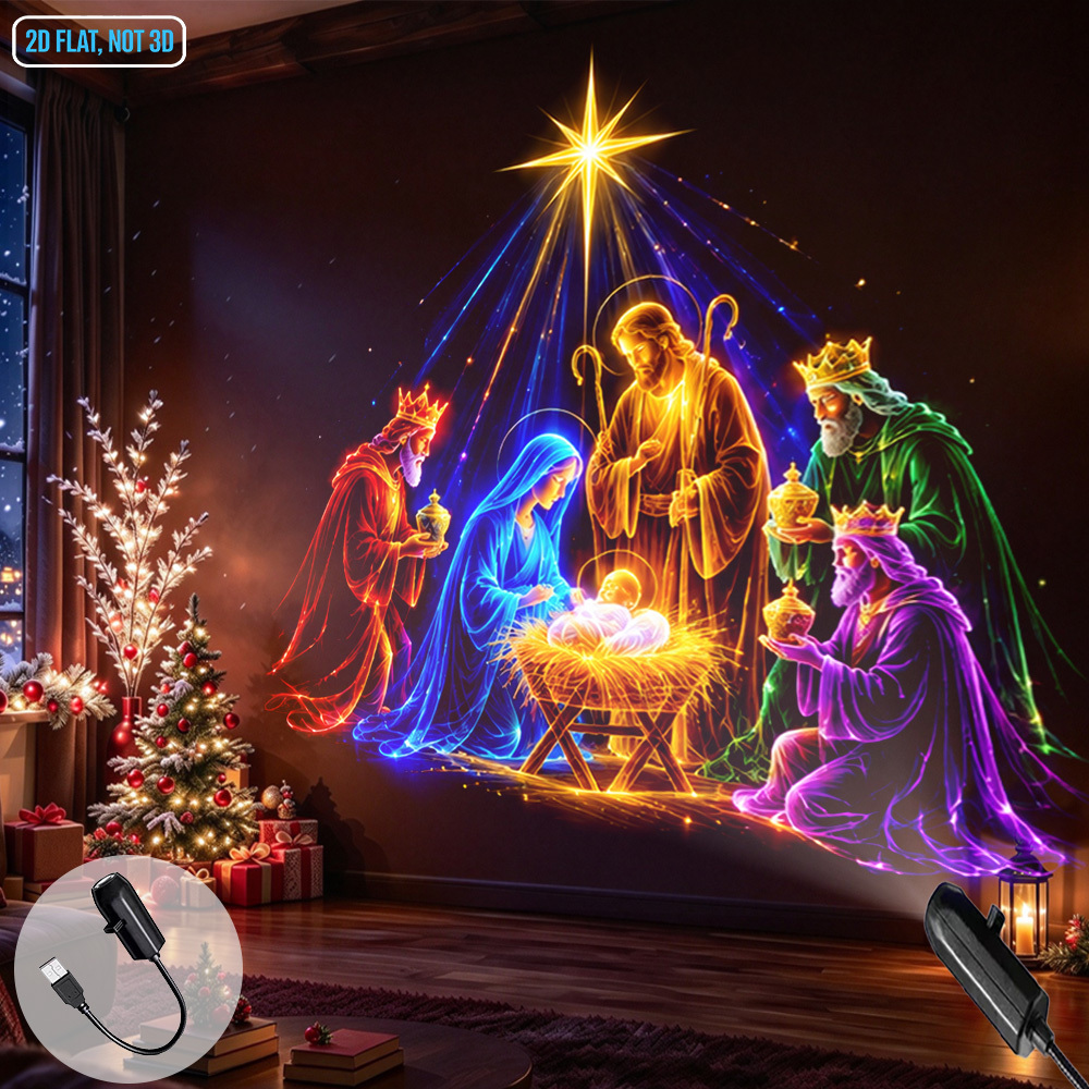 TEMU Veilleuse projecteur de crèche LED portable alimentée par USB, convient pour chambre, lampe Sainte Famille et multicolore, décoration de bureau