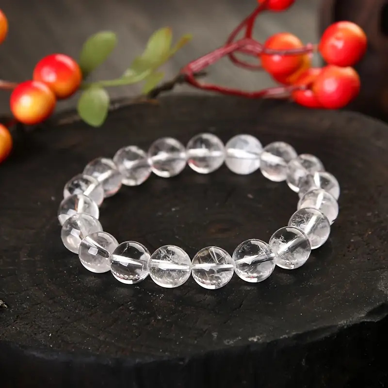 TEMU 10mm Elegant Natural Transparent Crystal Bead Bracelet - Unisex Stretchable Design, Smooth Polished Transparent Beads, Daily Accessory, Perfect