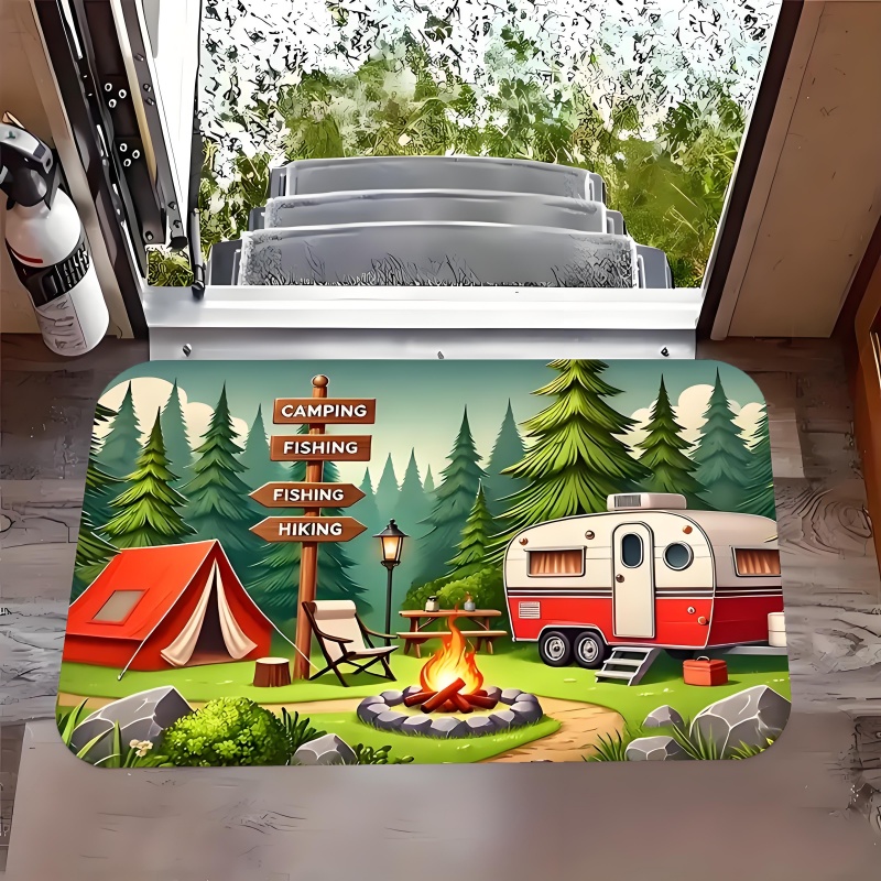 TEMU 1pc Van & Camping Theme - Red/white Indoor/outdoor Rug Suitable For Camping, Caravans, Cabins, Patio, Kitchen, Bedroom - Machine Washable Soft