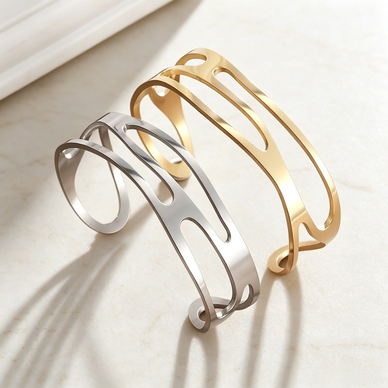 1pc Double-Layer Hollow Minimalist Stainless Steel Open Bangle