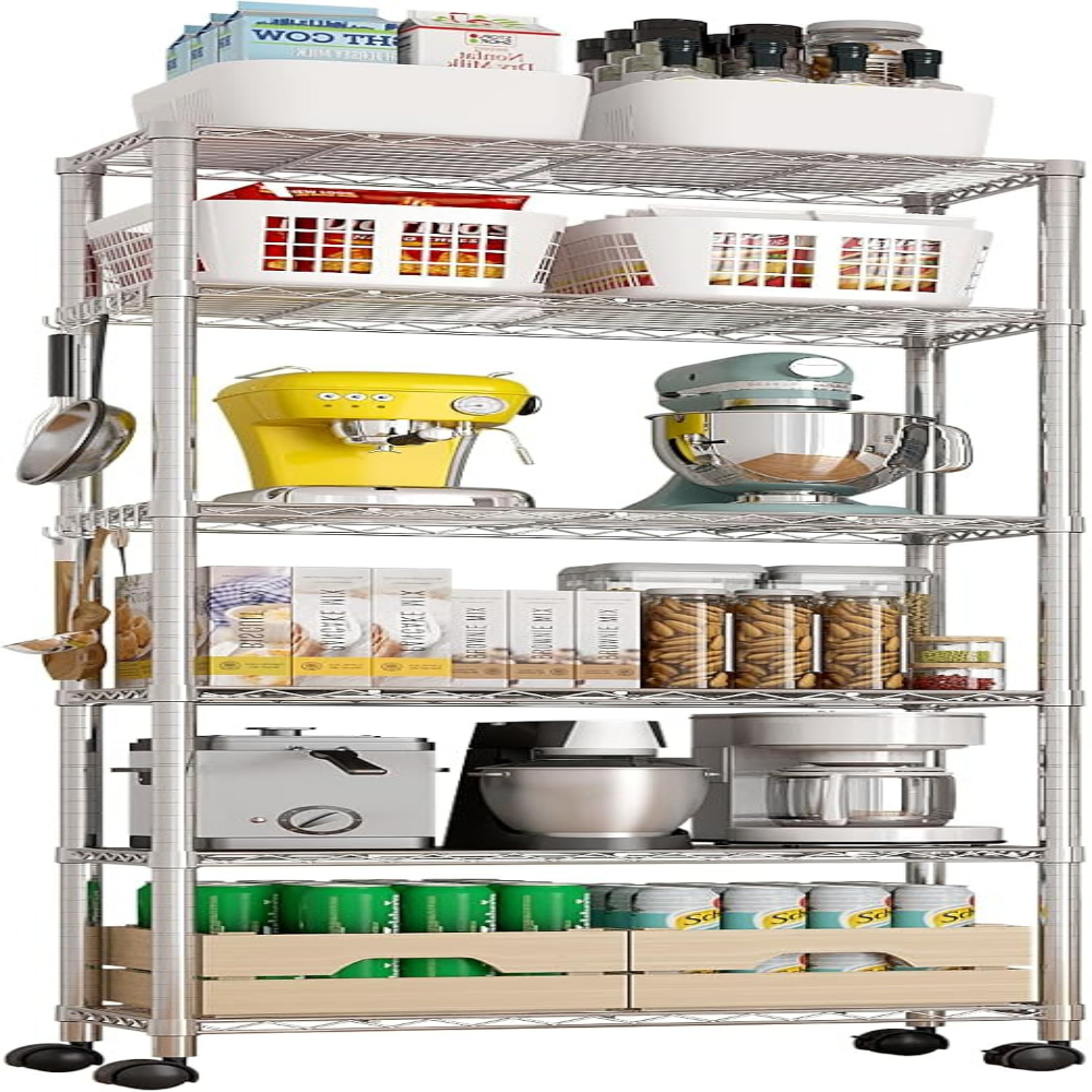 Image of Bonnlo Shelf With Wheels, 6 Wire Shelves, Height-adjustable Shelves, And 10 Hooks, Metal Shelf, Storage Unit, Kitchen Shelf, Basement Shelf, 60 × 35 × 182cm, Silvery, Standing Shelf